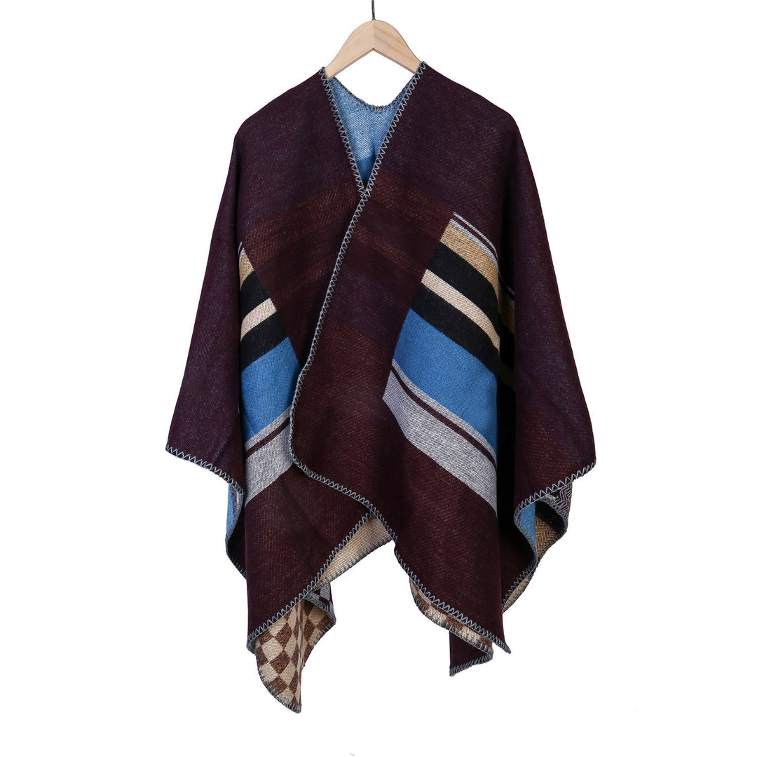 Dam randig ullblandning Ruana med Open Fall och Decorative Stitch