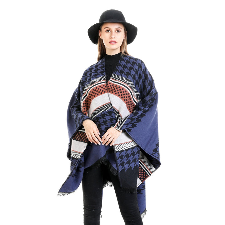 Dam Oversize Ruana med Houndstooth Jacquard och fransfåll