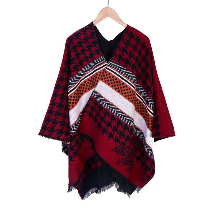 Dam Oversize Ruana med Houndstooth Jacquard och fransfåll