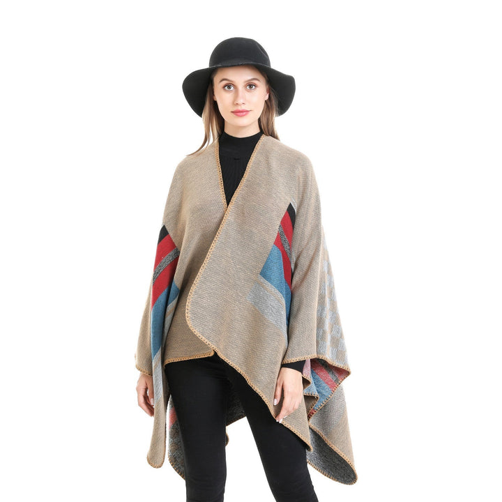 Dam randig ullblandning Ruana med Open Fall och Decorative Stitch
