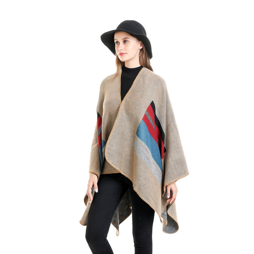 Dam randig ullblandning Ruana med Open Fall och Decorative Stitch