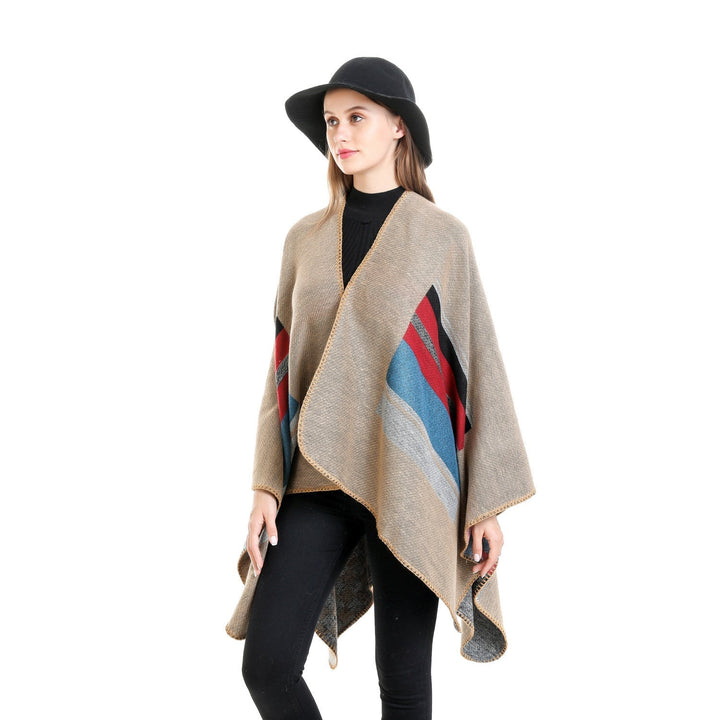 Dam randig ullblandning Ruana med Open Fall och Decorative Stitch
