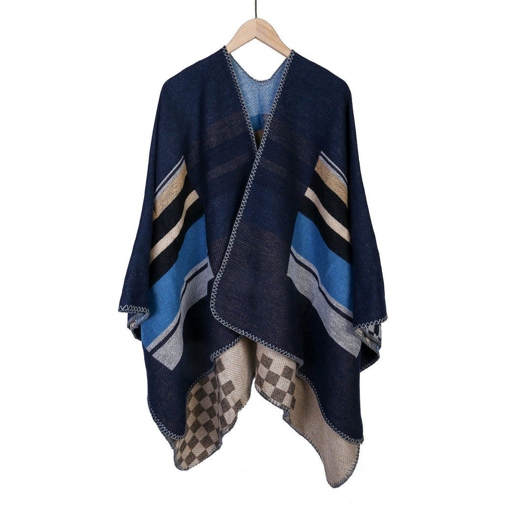 Dam randig ullblandning Ruana med Open Fall och Decorative Stitch