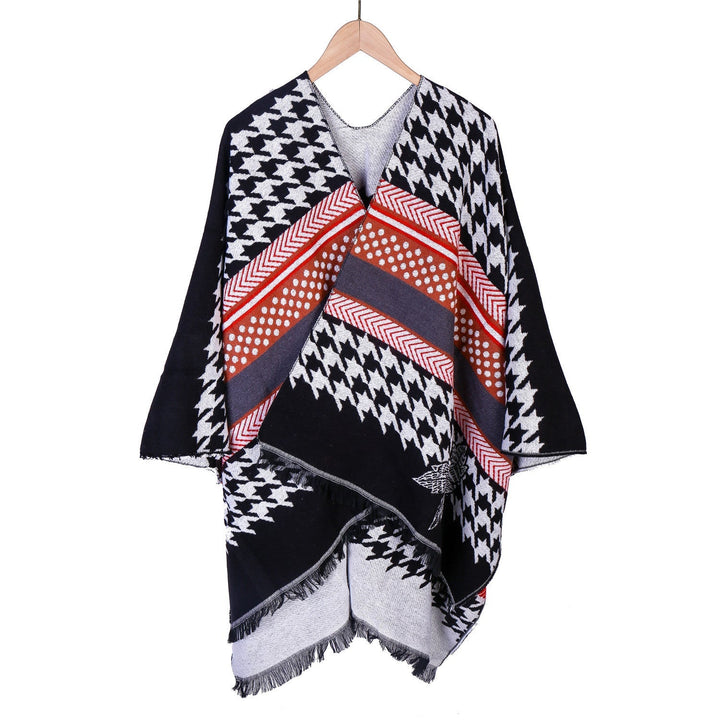 Dam Oversize Ruana med Houndstooth Jacquard och fransfåll
