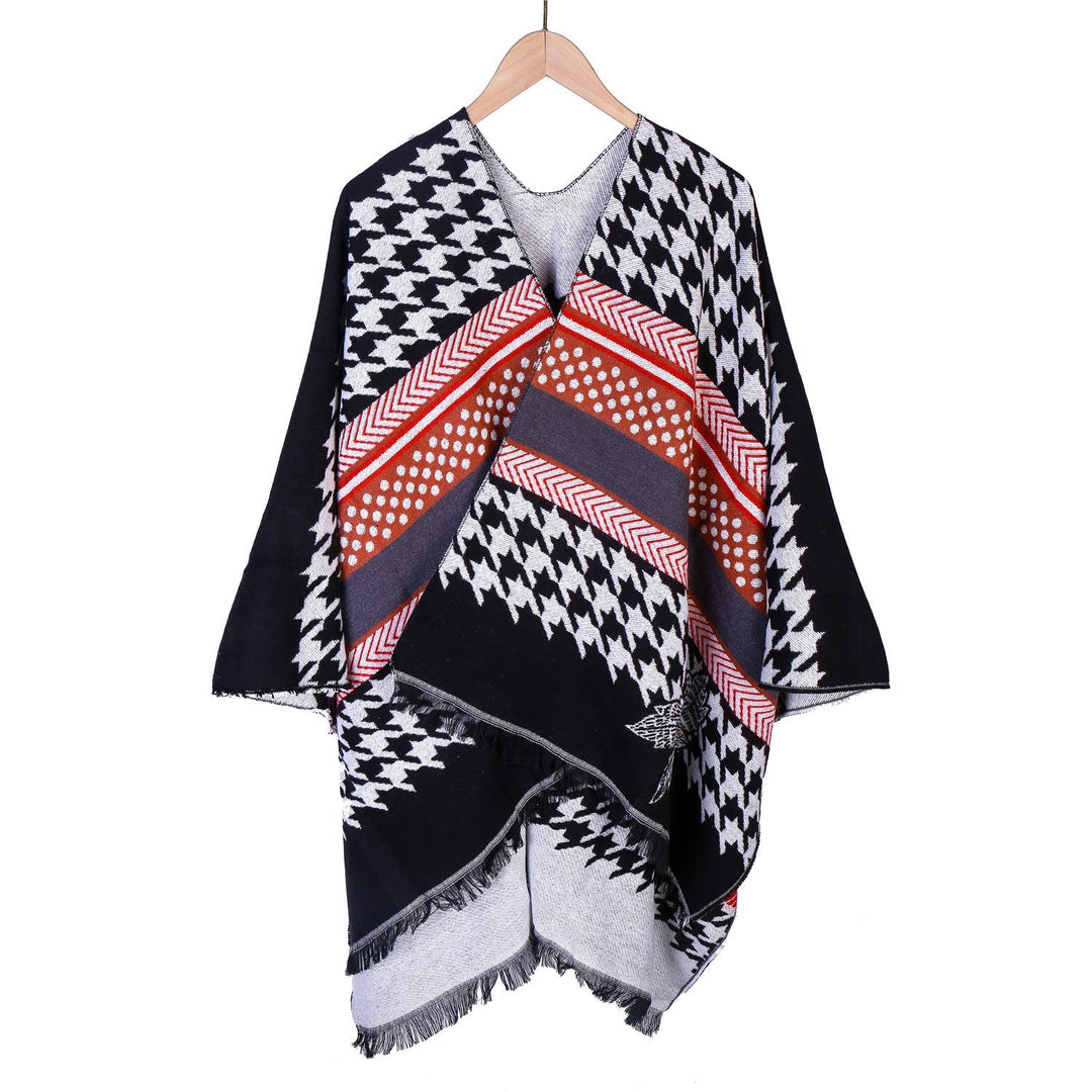 Dam Oversize Ruana med Houndstooth Jacquard och fransfåll