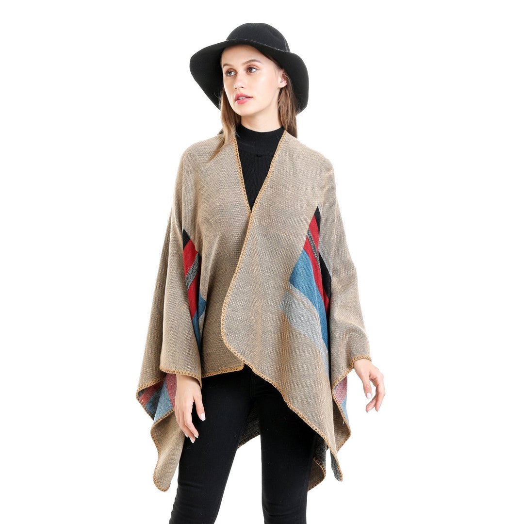 Dam randig ullblandning Ruana med Open Fall och Decorative Stitch