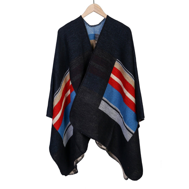 Dam randig ullblandning Ruana med Open Fall och Decorative Stitch