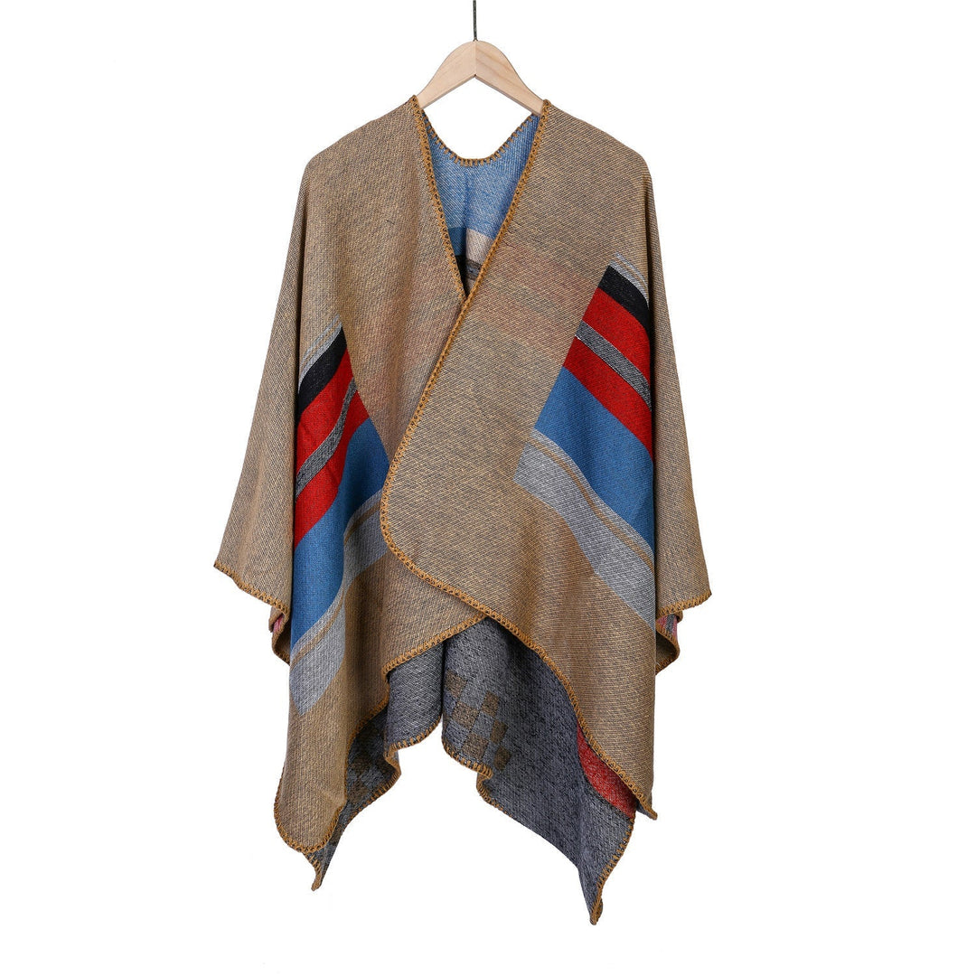 Dam randig ullblandning Ruana med Open Fall och Decorative Stitch