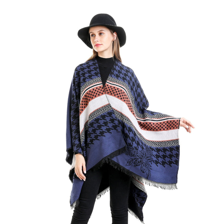 Dam Oversize Ruana med Houndstooth Jacquard och fransfåll