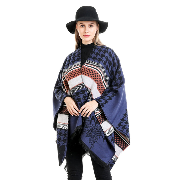 Dam Oversize Ruana med Houndstooth Jacquard och fransfåll
