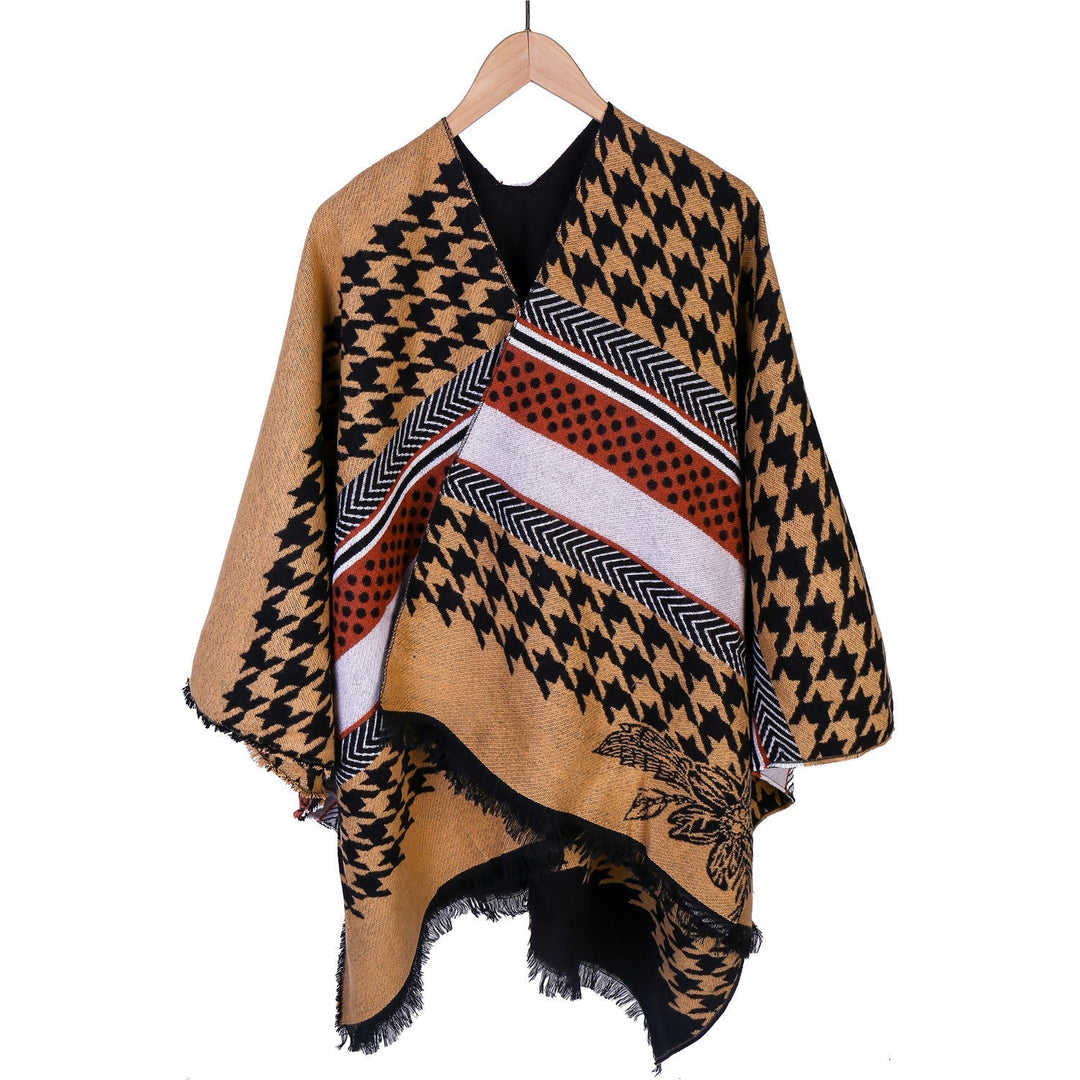 Dam Oversize Ruana med Houndstooth Jacquard och fransfåll