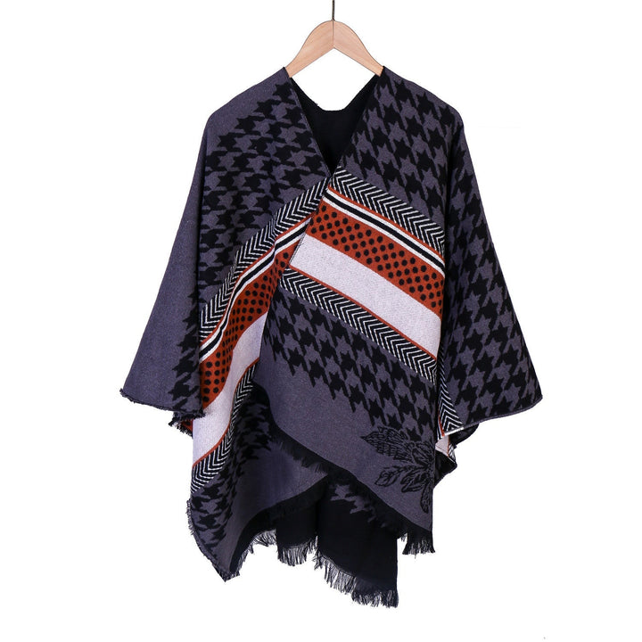 Dam Oversize Ruana med Houndstooth Jacquard och fransfåll