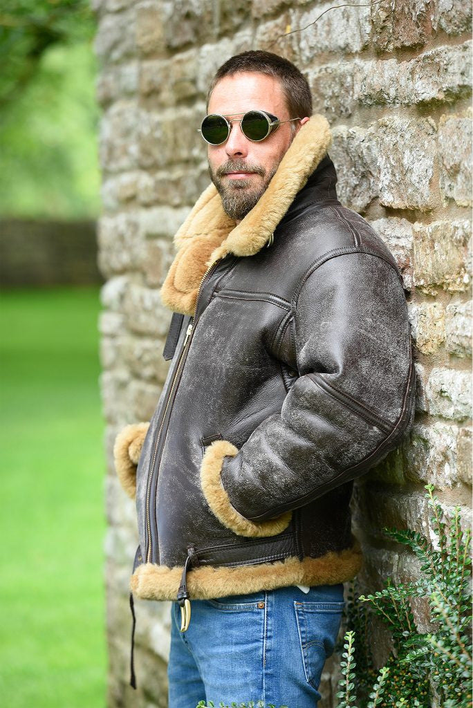Herr Sheepskin Jacka med Luxurious Fusk Päls Krage och värming innerfoder