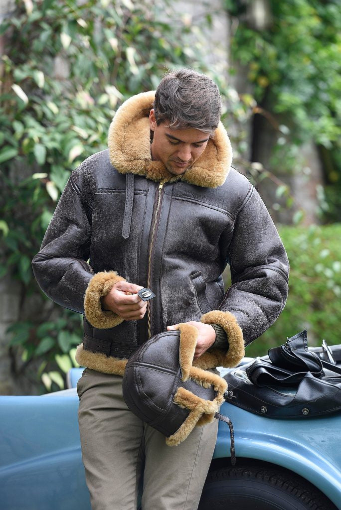 Herr Sheepskin Jacka med Luxurious Fusk Päls Krage och värming innerfoder