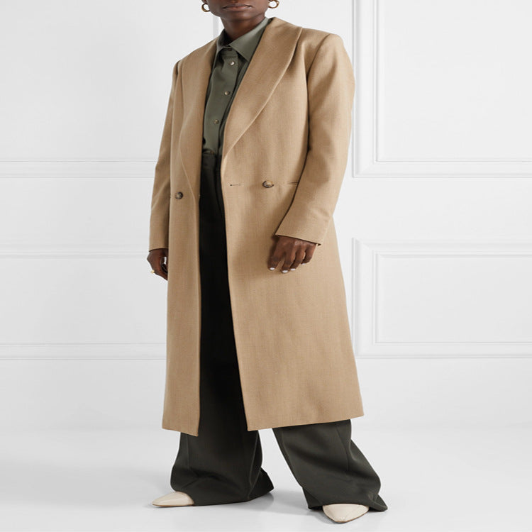 Dam Maxi-length minimalistisk Single-breasted ullblandning lång kappa med Open Shawl krage