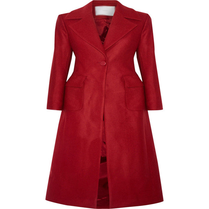 Dam maxi-length ullblandning kappa med skräddad seam design, knife pleats, och flap fickor