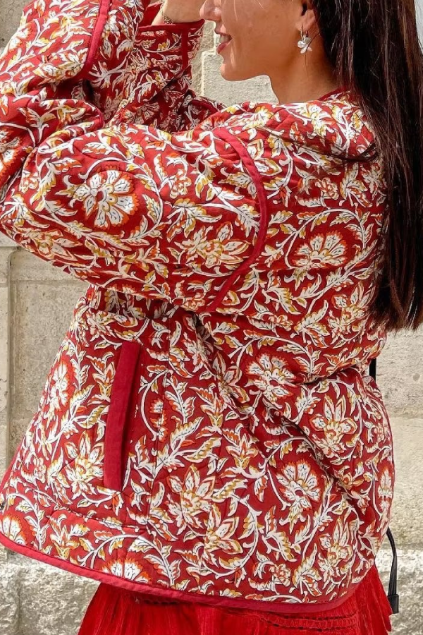 | Neck Floral Tryck Lös quiltad Bomull Jacka