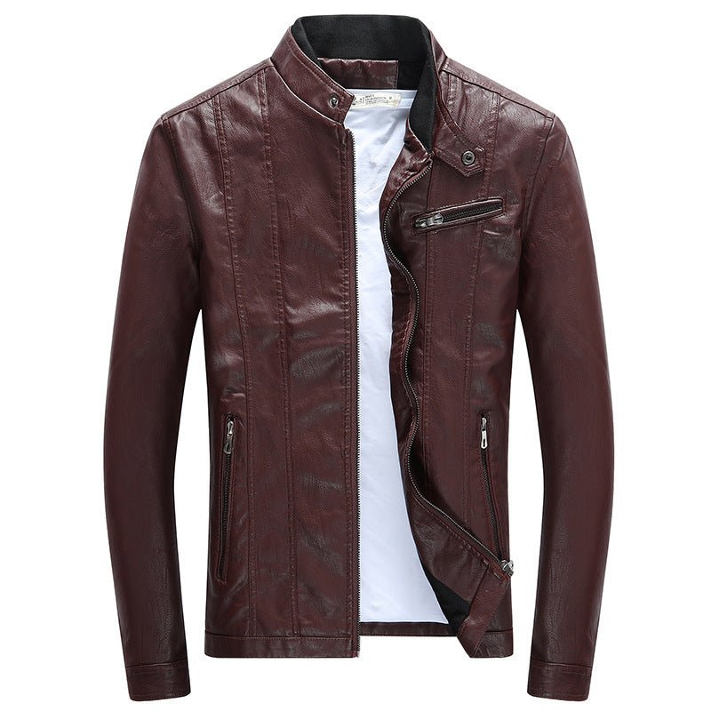 Herr modern Slim-Fit läderlook Blouson med ståkrage och Bröst Dragkedja Ficka
