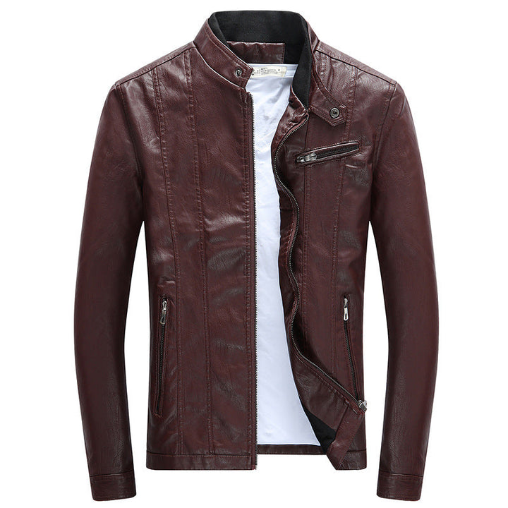 Herr modern Slim-Fit läderlook Blouson med ståkrage och Bröst Dragkedja Ficka