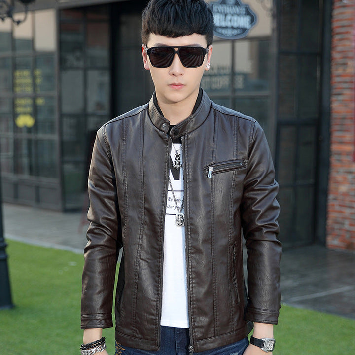 Herr modern Slim-Fit läderlook Blouson med ståkrage och Bröst Dragkedja Ficka