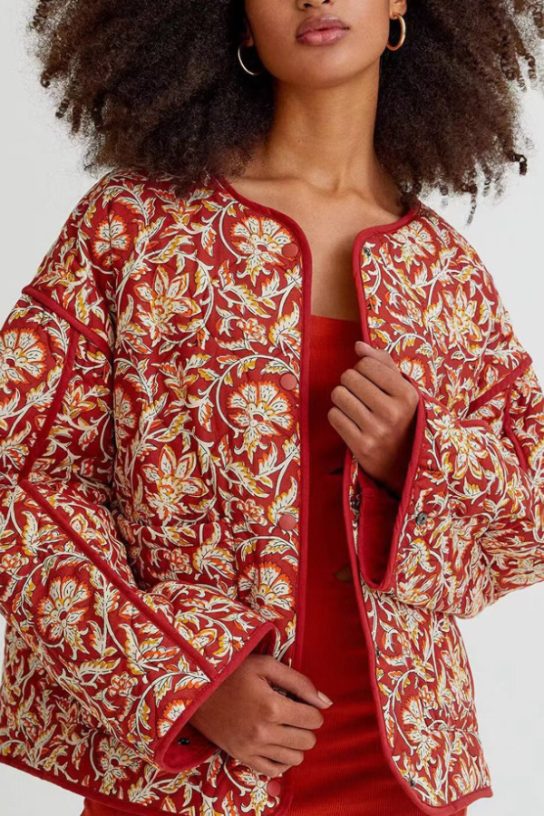 | Neck Floral Tryck Lös quiltad Bomull Jacka