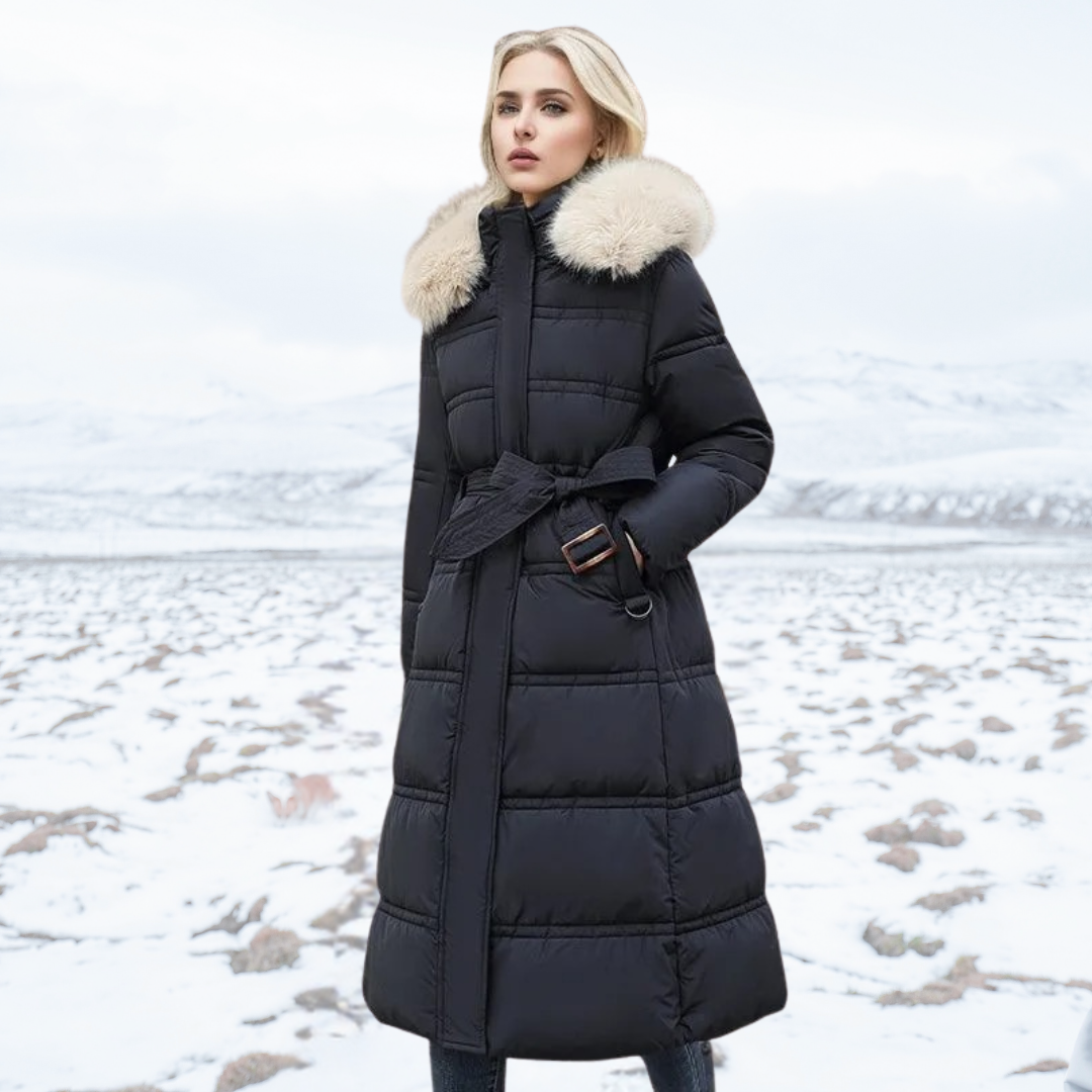 | Lång vinterjacka Puffer Design Fusk Päls Huva skräddad Belt värm och Insulating