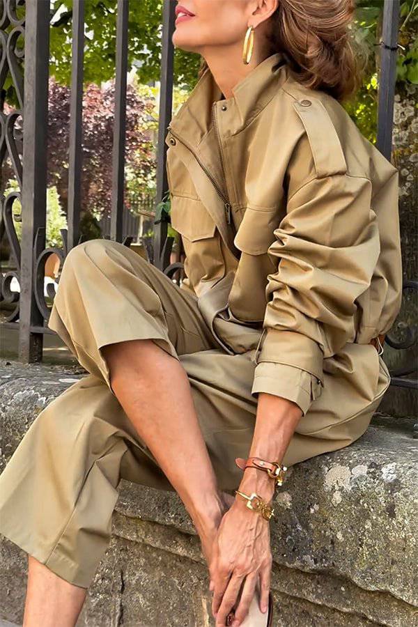 | Chärm Strap Detaljer Fickaed Cargo Stil Dragkedja Lös Jacka