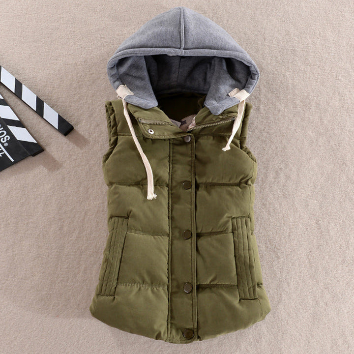 Dam Figurnära Quiltad Sleeveless Termisk Väst med Contrasting Huva