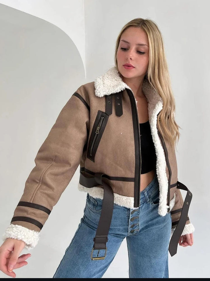 | Sheepskin Jacka - Kort Model - oversize Passform - värm Ull Foder - dragkedjestängning