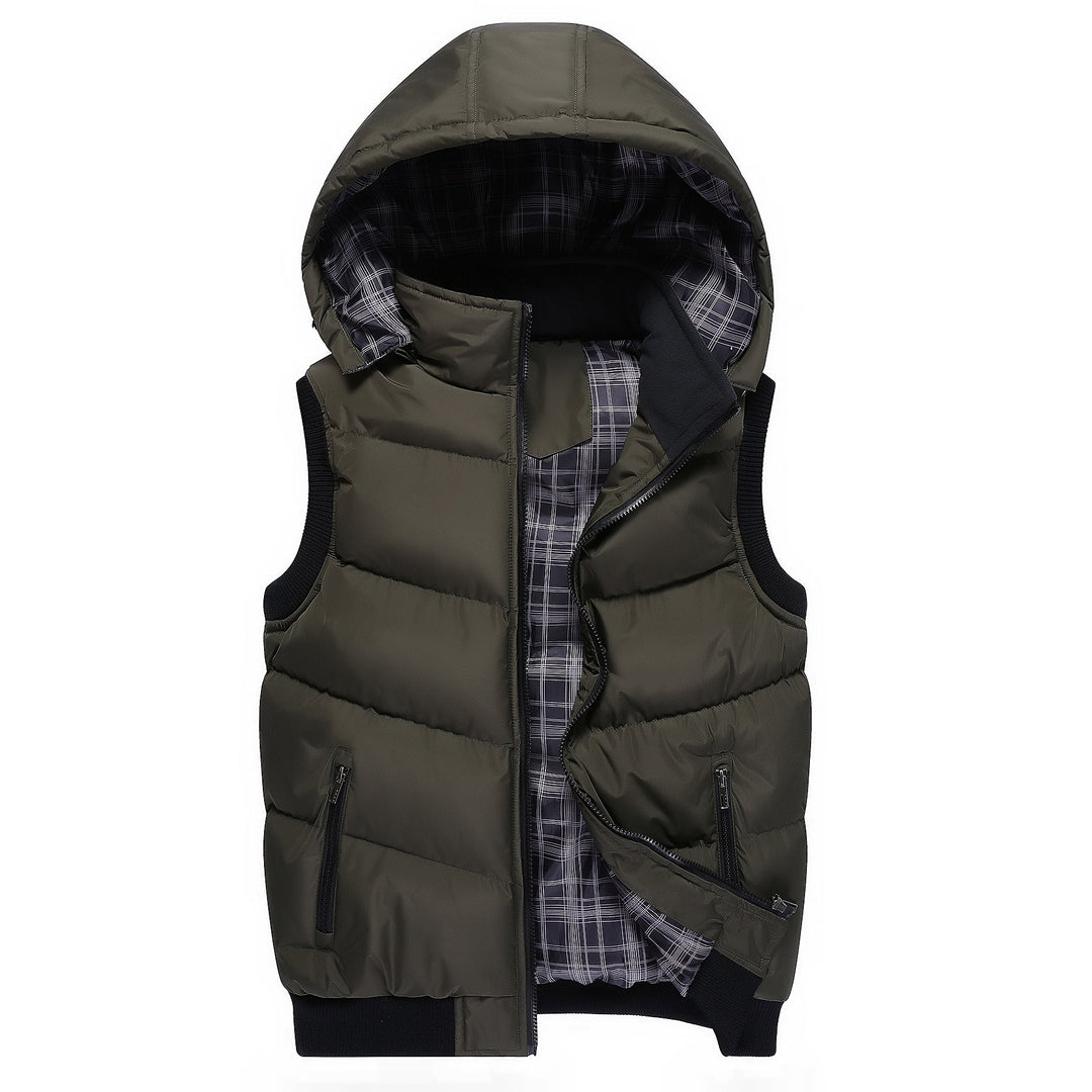 Herr quiltad Sleeveless quiltad väst med huva och ribbade muddar