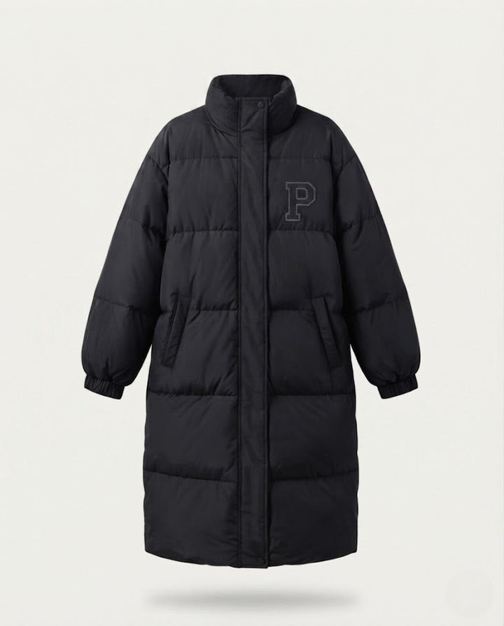 Dam Longer Boxig Thermo Puffer med Hög Stå Krage, College Patch, och Noise-Reducing Outer Shell