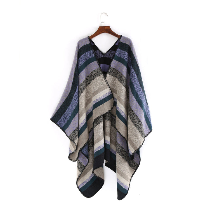Dam Woven oversized Ruana med Diagonal Block Stripe och Fringe Edge