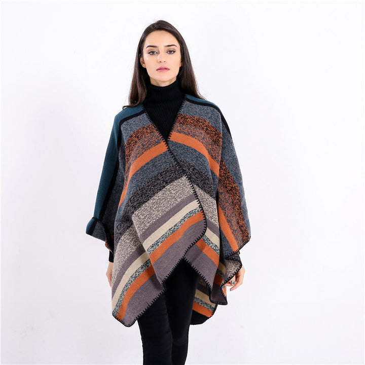 Dam Woven oversized Ruana med Diagonal Block Stripe och Fringe Edge