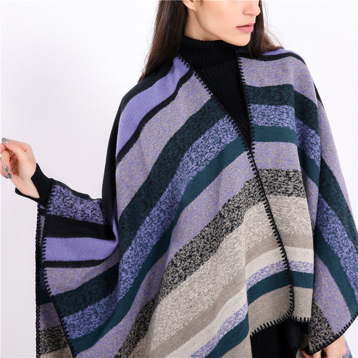 Dam Woven oversized Ruana med Diagonal Block Stripe och Fringe Edge