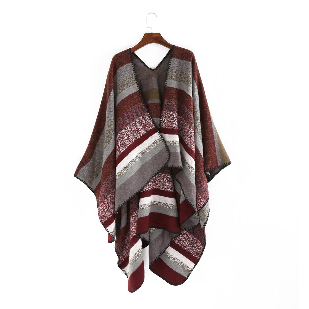 Dam Woven oversized Ruana med Diagonal Block Stripe och Fringe Edge