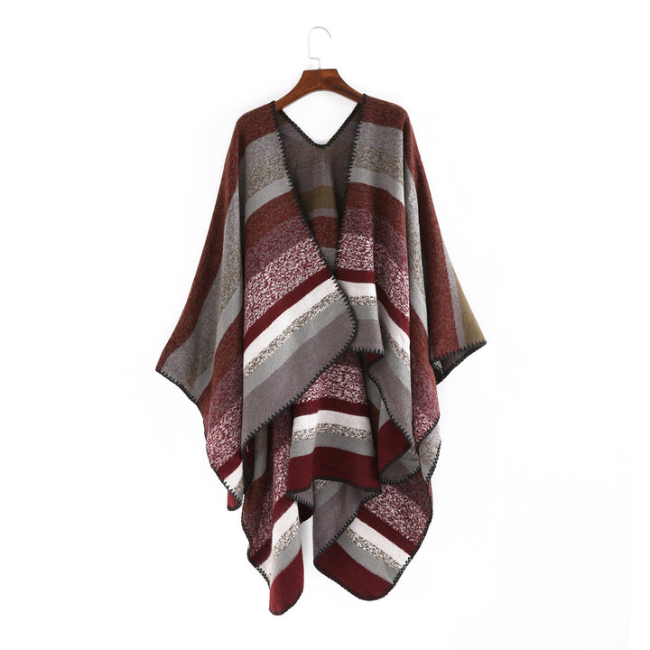 Dam Woven oversized Ruana med Diagonal Block Stripe och Fringe Edge