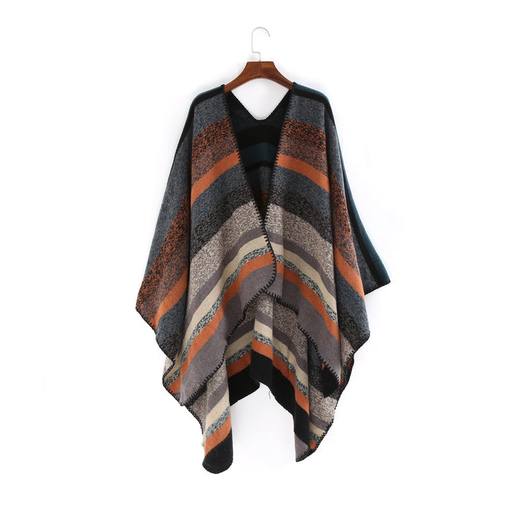 Dam Woven oversized Ruana med Diagonal Block Stripe och Fringe Edge