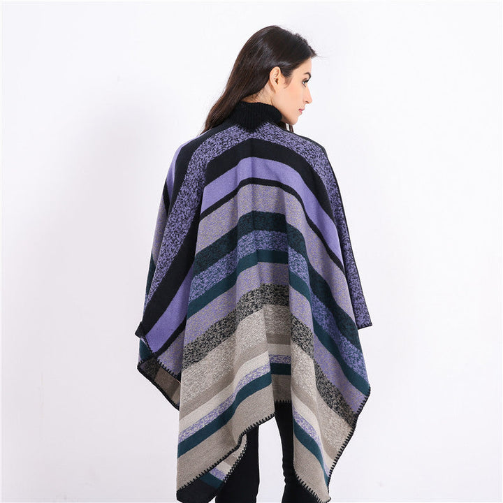 Dam Woven oversized Ruana med Diagonal Block Stripe och Fringe Edge