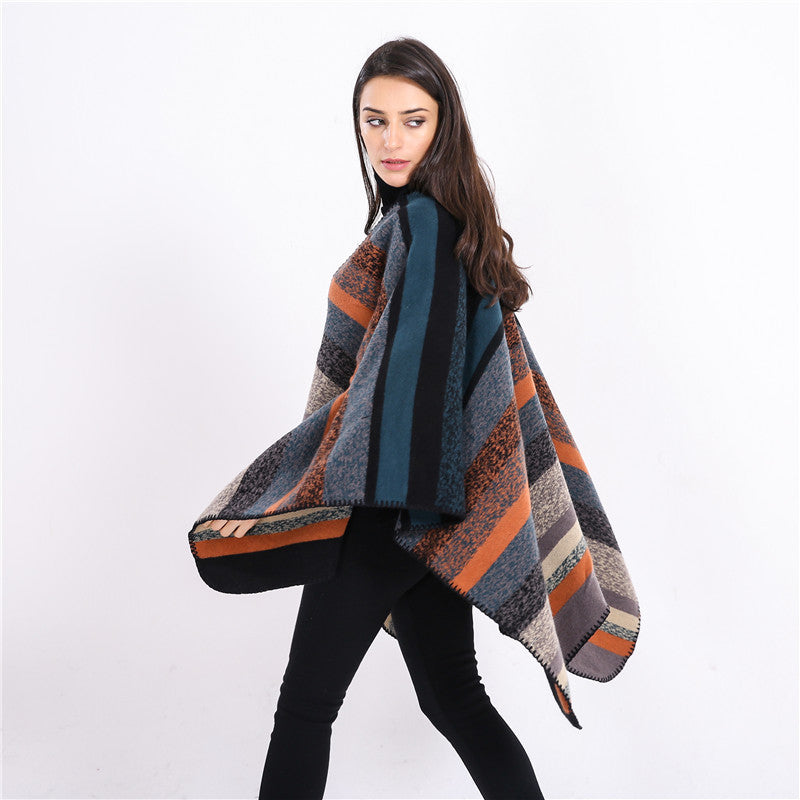 Dam Woven oversized Ruana med Diagonal Block Stripe och Fringe Edge