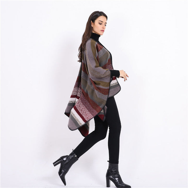 Dam Woven oversized Ruana med Diagonal Block Stripe och Fringe Edge