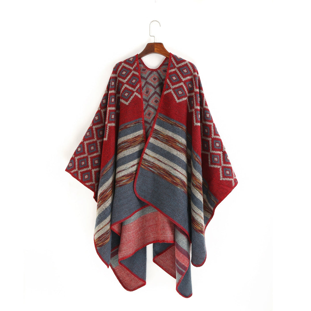 Dam ull-look ruana med woven square jacquard och decorative stitch edge