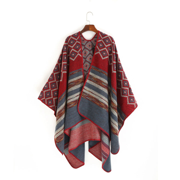 Dam ull-look ruana med woven square jacquard och decorative stitch edge