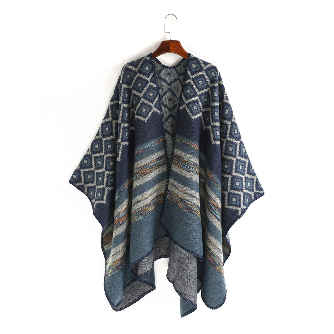 Dam ull-look ruana med woven square jacquard och decorative stitch edge
