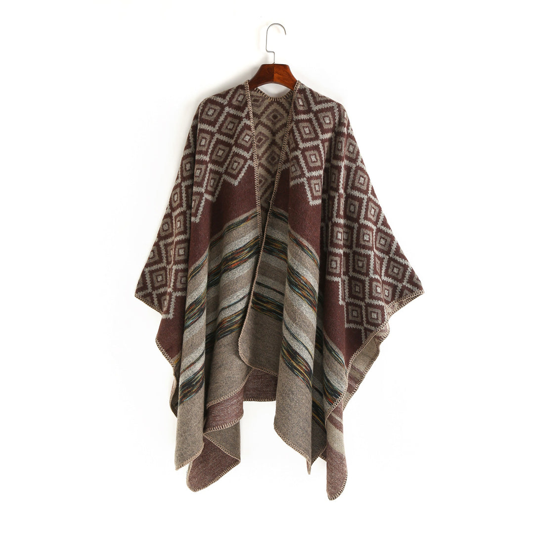 Dam ull-look ruana med woven square jacquard och decorative stitch edge