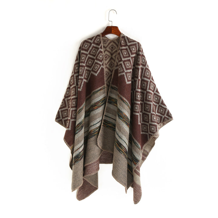 Dam ull-look ruana med woven square jacquard och decorative stitch edge