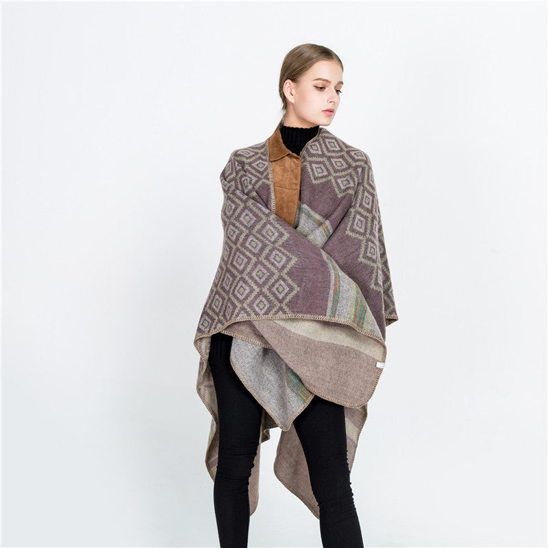 Dam ull-look ruana med woven square jacquard och decorative stitch edge