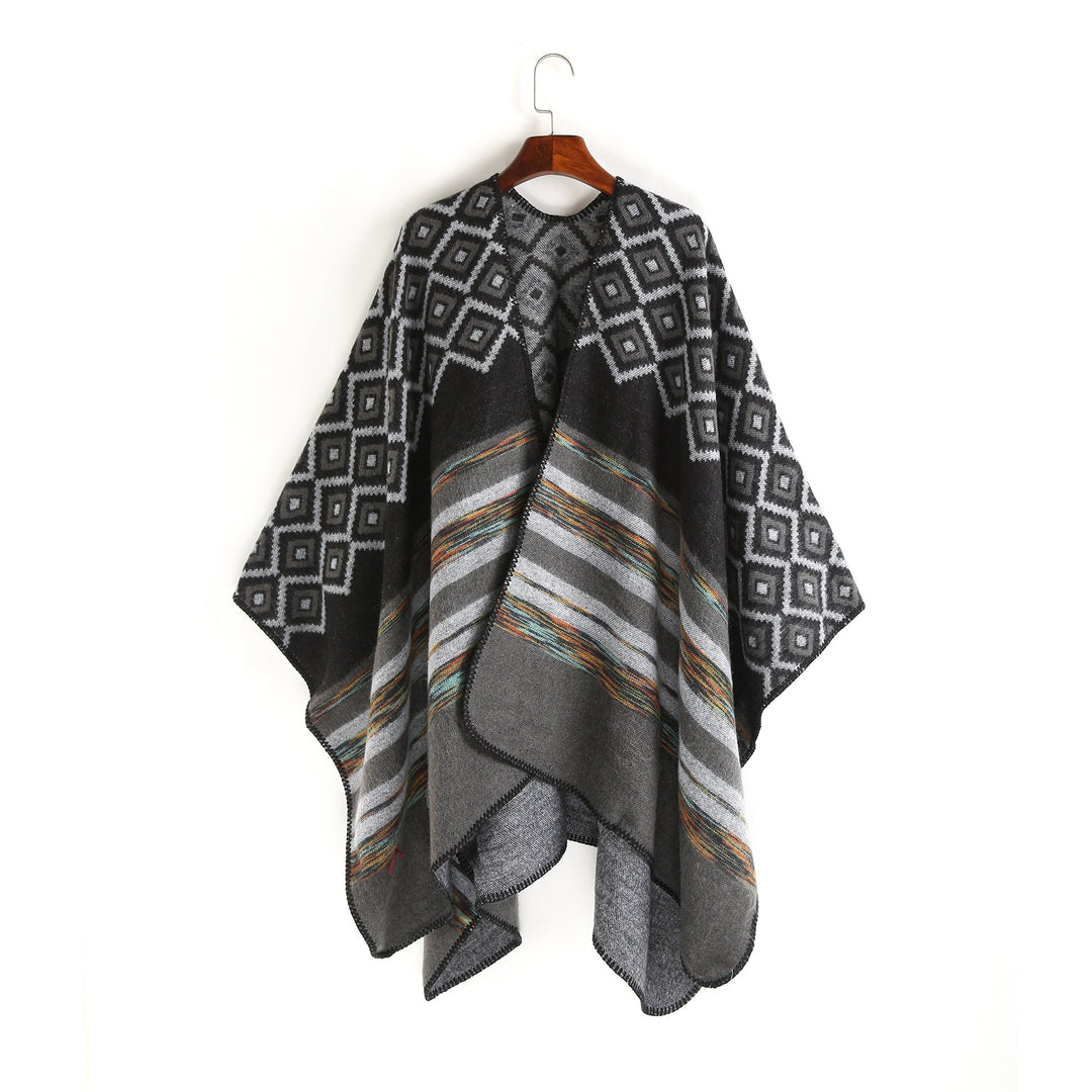 Dam ull-look ruana med woven square jacquard och decorative stitch edge