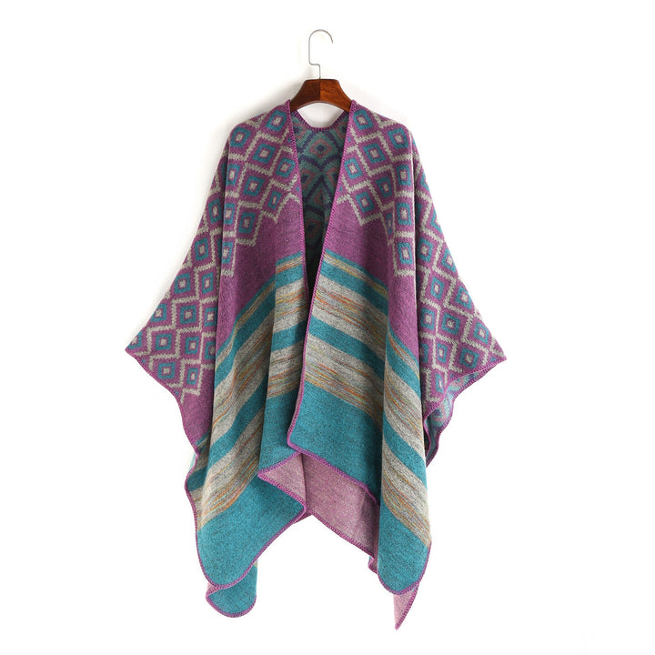 Dam ull-look ruana med woven square jacquard och decorative stitch edge