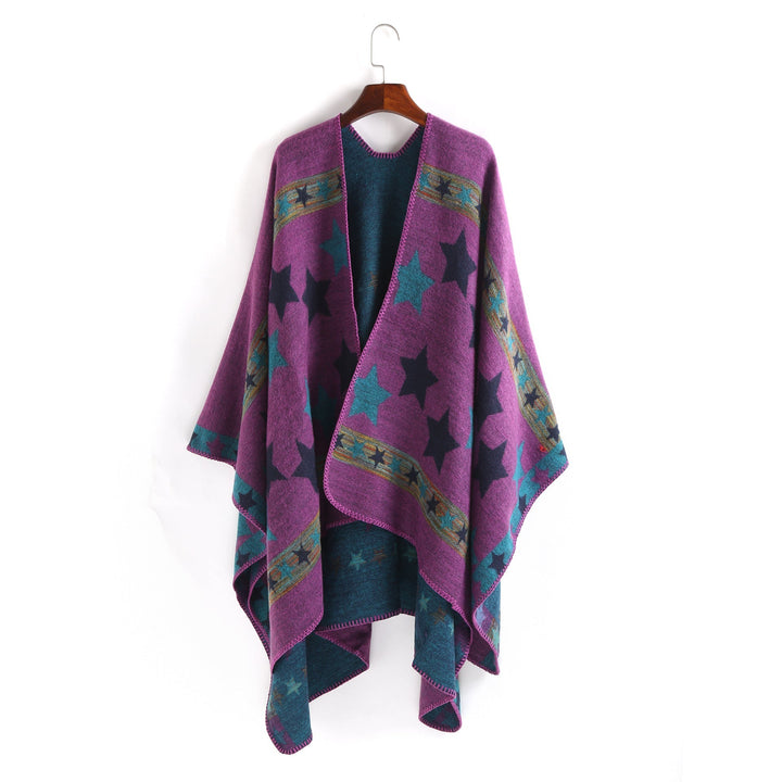 Dam Jacquard Ruana poncho med star jacquard och softly falling oversized silhuett