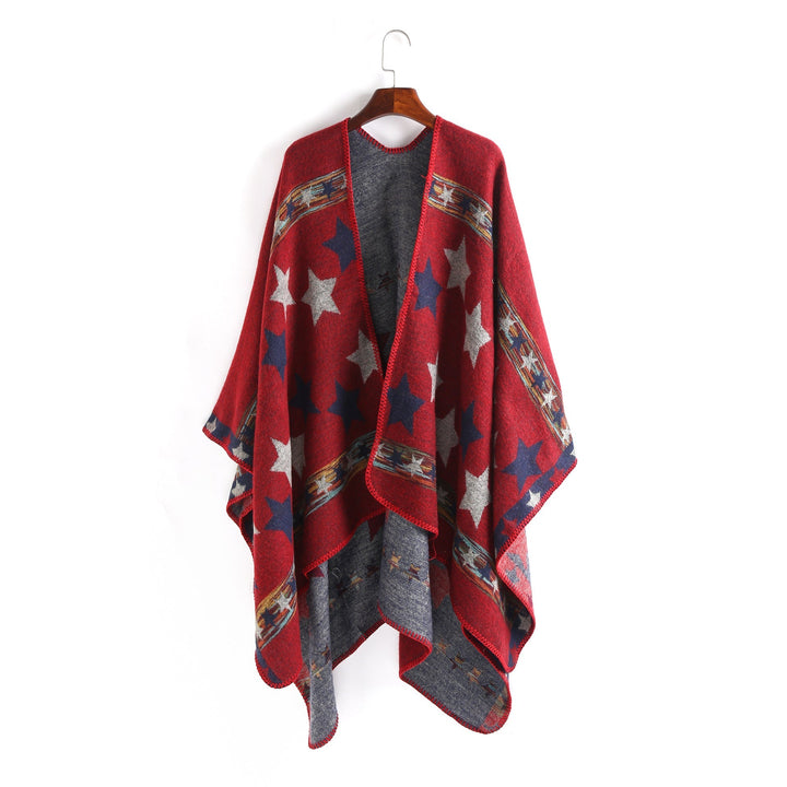 Dam Jacquard Ruana poncho med star jacquard och softly falling oversized silhuett